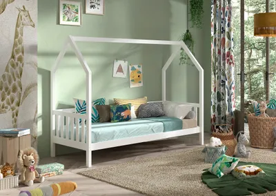 Produktbild von VIPACK - CABANE Hausbett 90x200 cm und seitlicher Umrandung, Kiefer massiv weiß