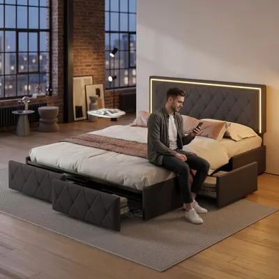 Obrázek produktu pro Dvoulůžková postel ProximaX 140 × 200 cm se 4 zásuvkami, šedáPolyuretankůže, postel s LED osvětlením (RGB), výškově nastavitelné čelo, postel s úložným prostorem