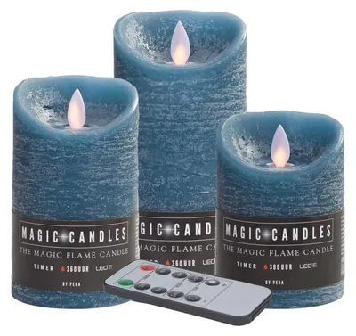 Produktbild von 3er LED Echtwachskerzen Set jeans FB Timer Dimmer Flackermodus MB-20174