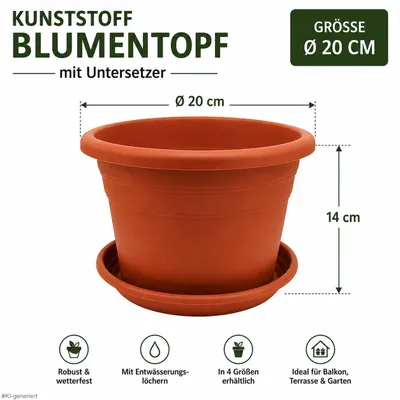 Produktbild von Kunststoff Blumentopf mit Untersetzer – Größe Ø 20cm - Farbe Terracotta