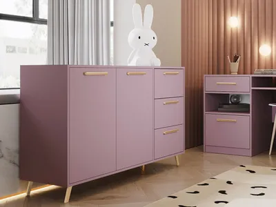 Produktbild von MIRJAN24 Kommode Tytus II, Highboard mit 3 Schubladen und 2 Türen, Wohnzimmer Sideboard, Kolektion (Pflaume / Pflaume + Gold)