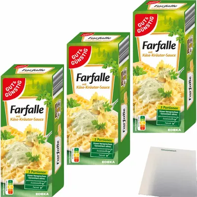 Produktbild von Gut & Günstig Farfalle mit Käse-Kräuter-Sauce 3er Pack (3x266g Packung) + usy Block