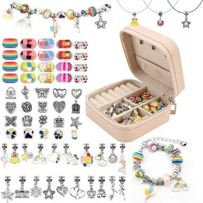 Image de Set de 68 bracelets à breloques pour filles - Set de bijoux avec boîte - Perles DIY pour faire des bracelets - Set de bricolage - Artisanat - Cadeaux de Noël et d'anniversaire pour enfants