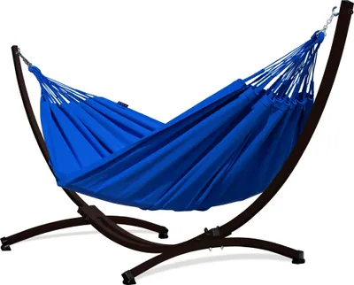 Produktbild von Potenza Outdoor Merida Hängematte mit Gestell für 2 Personen I Baumwolle Doppelhängematte XXL 220x160, 220kg I Braun Hängemattengestell 220kg, wetterfest