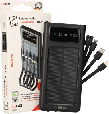 Produktbild von 2GO Powerbank All In One 10000mAh mit Solarpanel
