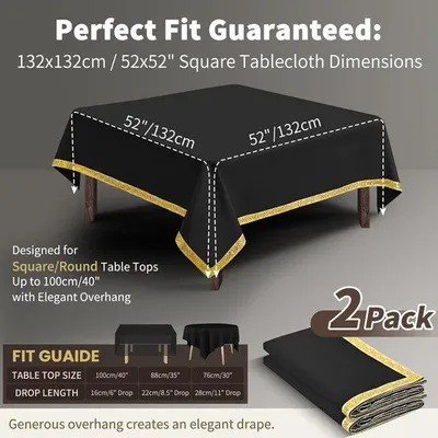Obrázok produktu pre Unyqoos® Sada 2 čiernych obrusov, 132 x 132 cm, z polyesteru s zlatou žakárovou olemovaním – elegantné obrusy vhodné na svadby, galaparty a iné slávnostné príležitosti