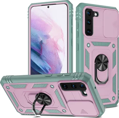 Produktbild von Galaxy S21 5G Hülle, Schiebe Kamera Schutz Robust Rüstung Stoßfest Schutzhülle mit Ringhalterung Ständer Kartenhalter für Samsung Galaxy S21 5G Lila