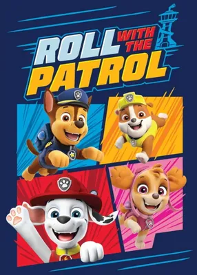 Four Paw Patrol characters are shown in a collage style with text at the top.