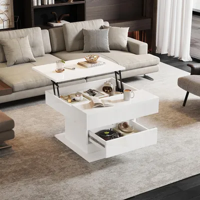A modern living room with a sectional sofa and a white lift-top coffee table.