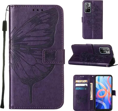 Obrázek produktu pro Xiaomi Poco M4 Pro 5G Pouzdro, Motýlí Reliéf Flip Kožené Pouzdro s Kapsami na Karty a Stojánkem pro Xiaomi Poco M4 Pro 5G Fialová