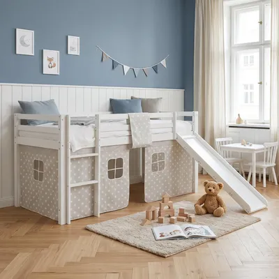 Produktbild von Homestyle4u Hochbett 90x200 Kinder Weiß ohne Lattenrost mit Rutsche Spielbett Sternen Vorhang