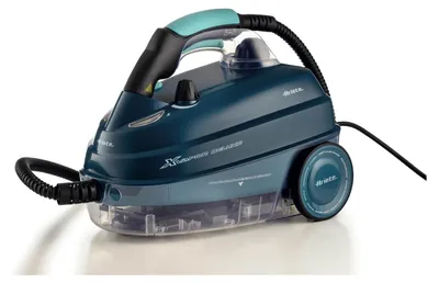 A teal and clear steam cleaner with a black hose and handle, set against a white background.