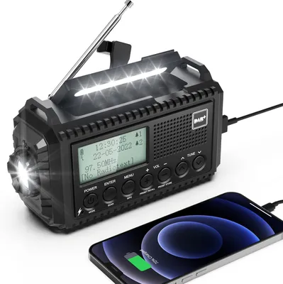 Zdjęcie produktu dla Radio Noodowe - Radio Słoneczne - Radio z korbką - Przenośne, ładowane, z wbudowaną lampą LED - Czarny