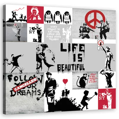 Produktbild von Leinwandbild Banksy-Kompositionsgraffiti 40x40 Feeby Grau bild für die wand bereit zum aufhängen