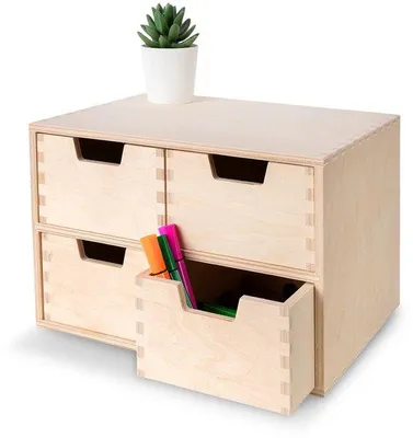 Produktbild von Unyqoos® Holz-Schubladenschrank – 4 Schubladen, Birken‑Multiplex, 28,5×20×19 cm, Organizer für Schmuck, Make-up, Büro & Bastelbedarf