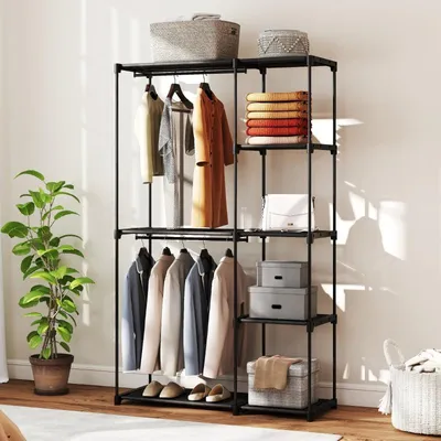Produktbild von Stoffschrank mit Kleiderstange & 6 Ablagen 111x185x43 cm Kleiderschrank Stoff Faltschrank Garderobenschrank für Schlafzimmer Schwarz