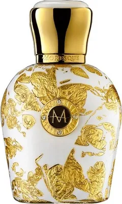 A perfume bottle with a white and gold ornate design.