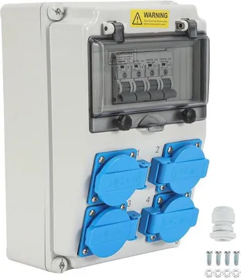 Imagen del producto de Panel de distribución eléctrico de pared con protección, con conexión Schuko y CEE de 5 polos, de 16/32 A, para instalaciones interiores y exteriores.