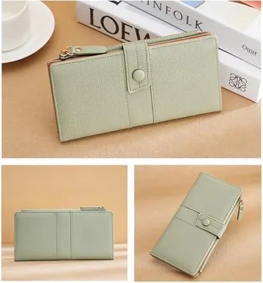 Imagen del producto de Cartera grande de cuero sintético (PU) con 10 compartimentos para tarjetas, cierre con cremallera, botón a presión y muchos compartimentos