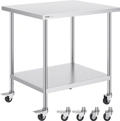 Zdjęcie produktu dla Stół roboczy ze stali nierdzewnej VEVOR, stół przygotowawczy z 4 kółkami, 3 regulowane wysokości, stół roboczy do przygotowywania żywności dla kuchni komercyjnych i restauracji, srebrny