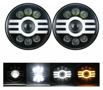 Produktbild von 2er-Set universelle 7 Zoll (18 cm) LED-Halogen-Scheinwerfer 12–24 V, Abblend- und Fernlicht, mit DRL-Tagfahrlicht, Blinker weiß/
