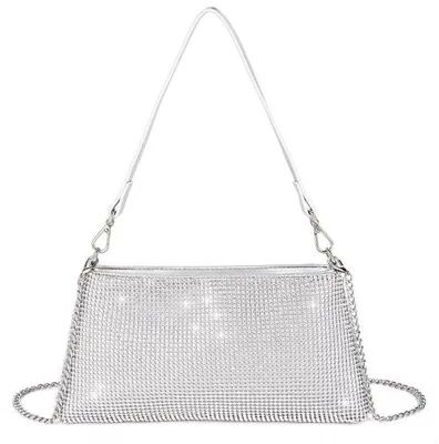 Image de Pochette de cocktail argentée sertie de diamants, élégante pochette de mariage, pochette pour mariage, soirée, bal de promo, sortie en boîte, à deux places