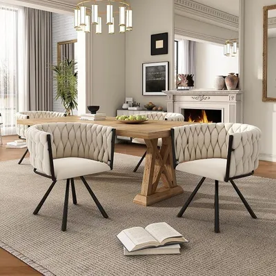 Imagen del producto de Juego de 4 sillas giratorias, modernas sillas de comedor tapizadas en terciopelo, con reposabrazos y patas de metal, ideales para comedor, sala de estar o dormitorio, color beige