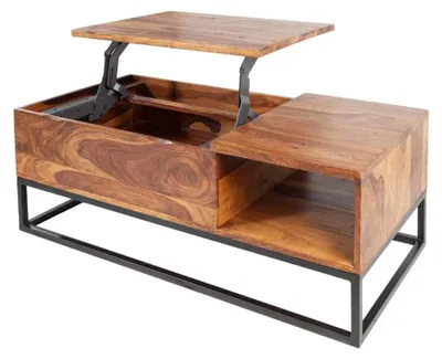 Image de Table basse ORBO en bois massif 110 cm – Plateau relevable et rangements intégrés
