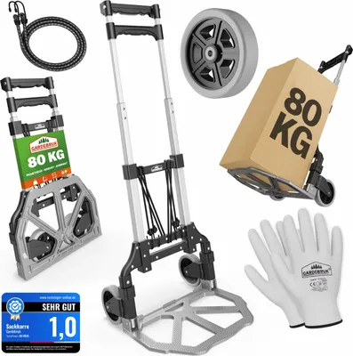Immagine prodotto di GARDEBRUK® Carrello Portatutto Pieghevole con Ruote in PP Antiforatura 80Kg Alluminio Incl. Guanti 2 Corde Carrellino Portapacchi Trasloco Scatole