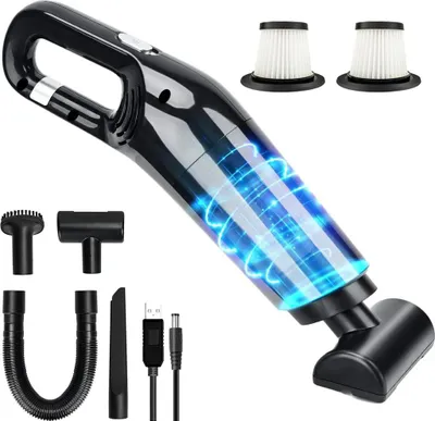 A black handheld vacuum cleaner with blue glowing accents, shown with various attachments and accessories, including two filters and charging cables, against a white background.