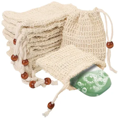 Produktbild von Set mit 10 natürlichen Sisal-Seifensäcken mit Beutelhalter