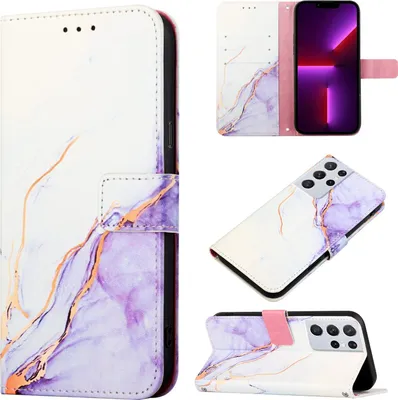 Produktbild von Galaxy S21 Ultra 5G Hülle, Marmor Motiv Kunstleder Tasche Wallet Kartenfächer mit Standfunktion Klapp Schutzhülle für Samsung Galaxy S21 Ultra 5G Weiß Lila
