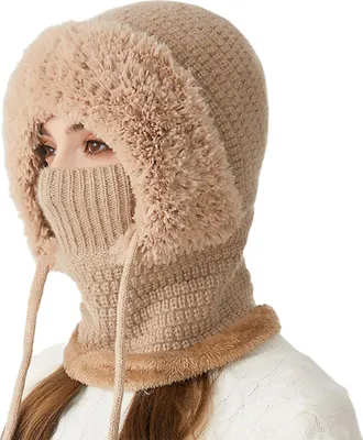 Produktbild von 3-in-1-Strickmütze für Damen: Weicher Plüsch-Winterschal mit Gesichtsschutz, verstellbaren Riemen und winddichtem Kapuzendesign.