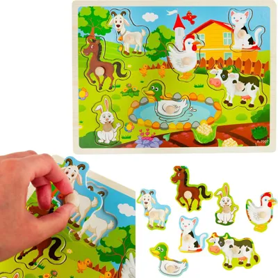 A hand is shown placing a puzzle piece of a goat into a wooden farm-themed puzzle. Several other puzzle pieces are laid out below the main puzzle.