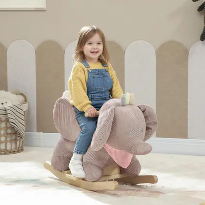 Produktbild von Schaukeltier Elefant für Kinder, Schaukelelefant mit interaktiven Tiergeräuschen und stabilem Holzrahmen, für Kinder von 1,5–3 Jahren, Braun
