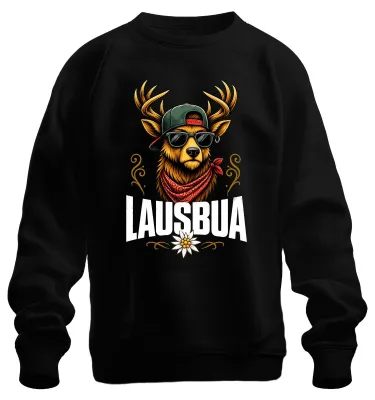 Obrázek produktu pro Jausenbua Hirsch, Alpy, Bavorsko, Edelweiss, tradiční oblečení, kožená sukně, mikina, svetr, černá barva, velikost L