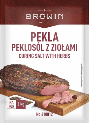 A package of curing salt with herbs, featuring an image of cured meat.
