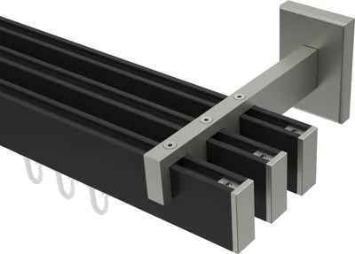 Produktbild von Interdeco Innenlaufstange / Gardinenstange mit Innenlauf Schwarz / Edelstahl-Optik, Typ Smartline Paxo (Kappe), 14x35 mm 3-läufig, 180 cm