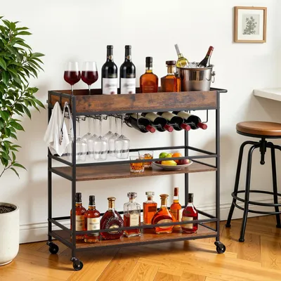 Image de VEVOR, chariot de service à 3 niveaux, chariot à boissons avec porte-bouteilles de vin et supports à verres, chariot industriel sur roulettes, chariot de cuisine, bar d'intérieur, capacité de charge de 20 kg par niveau, dimensions : 880 x 360 x 830 mm, couleur : marron rustique et noir