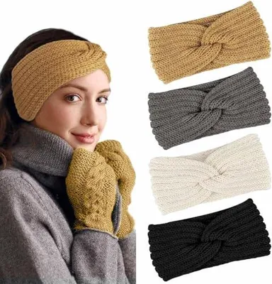 Produktbild von Stirnband Damen Winter, 4 Stück Strick Ohrenwärmer Damen Verdicken Stirnbänder Mädchen Sehr Warm Elastische Gestrickte Haarband Headwrap Kopfband Warme Wintergeschenke
