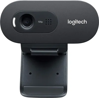 A black Logitech HD Webcam C270 is shown against a white background. The webcam is mounted on its stand.