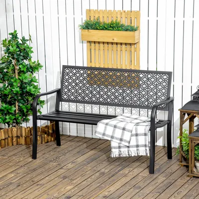 Produktbild von SUGIFT Gartenbank 2-Sitzer Blumenmuster, Metall-Sitzbank pulverbeschichtet wetterfest, Stahl mit Armlehnen, Schwarz | 127x63x83 cm | bis 240 kg