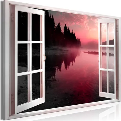 Produktbild von Modernes Wandbild Fensterblick 120x80 - 1 Teile Bilder Fotografie auf Vlies Leinwand Foto Bild Dekoration Wand Bilder Kunstdruck Landschaft See Nacht c-C-0412-b-a