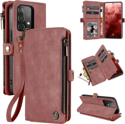 A collage of images showing a pink wallet phone case from different angles, including its interior card slots and a zippered compartment.
