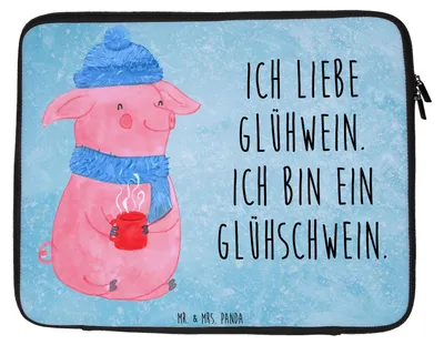 Produktbild von Mr. & Mrs. Panda Laptop Tasche Schwein Glühwein 33 x 42 cm - Eisblau - Geschenk, Hülle, Weihnachten, Weihnachtsmarkt, Case, Laptoptasche, Punsch, Glühschwein, Sleeve