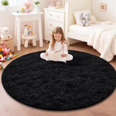Image de Omgoods - Tapis rond pour chambre d'enfant - Doux, lavable et antidérapant (Noir, 140 cm)