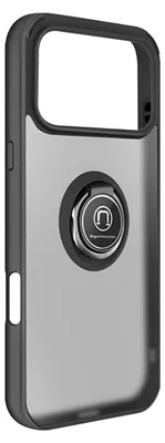 A black and gray phone case with a magnetic ring holder.