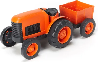Produktbild von Green Toys Spielzeugtraktor Orange mit abnehmbarem Anhänger, aus 100% recyceltem Kunststoff, mit Sojafarben bedruckt, ca. 15 x 29 x 13,5 cm, BPA-, PVC- & Phthalat-frei, spülmaschinenfest, Indoor/Outdoor