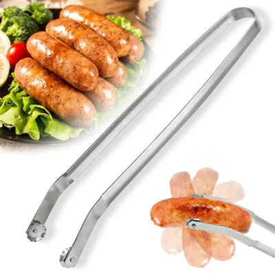 Productafbeelding van Grilltang voor worst, roestvrijstalen BBQ-tang 38 cm met lange handgreep