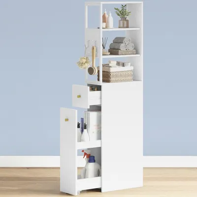 Produktbild von Badezimmschrank hoch, Nischenschrank, Badschrank schmal, mit Schublade auf Rollen, 3 offenen Regalebrett-Ebenen, Hochschrank, Seitenschrank, 40 x 20 x 140 cm, Weiß,